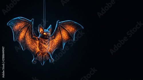 Spooky Halloween Bat Decoration with Glowing Orange Eyes and Wings Illuminated from Within