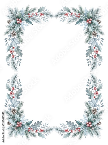 Christmas holly border with pine branches. Festive winter foliage frame for seasonal holiday