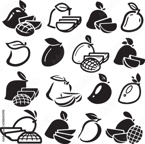 Set of mango fruit icons showing whole fruits and sliced tropical sections