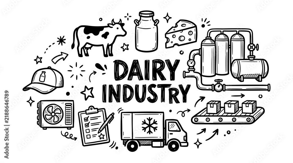 Obraz premium Dairy Industry Doodle Illustration Set