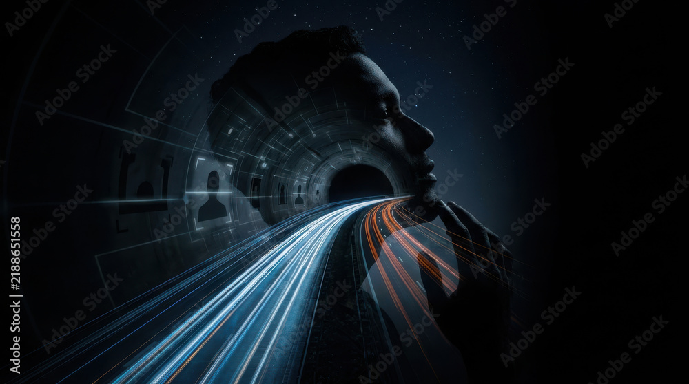 Fototapeta premium Identity technology speed biometric tunnel silhouette merges streams with thinking face as light trails convey rapid data exchange