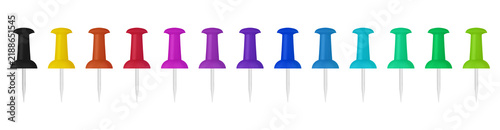 Row of colorful push pins isolated on clean white background with copy space. Bright plastic thumbtack set asset for school stationery catalog, notice board mockup, and office organization