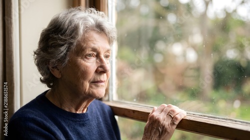 A caring senior woman looking out the window of her home, reflecting in peaceful solitude.