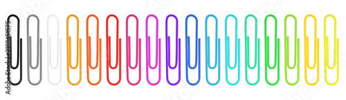 Row of colorful paper clips isolated on clean white background with copy space. Bright office stationery set asset for document organizing, school supplies catalog, and business mockup