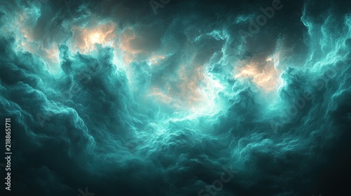 Majestic clouds dance in a vibrant palette of blue and golden tones at twilight