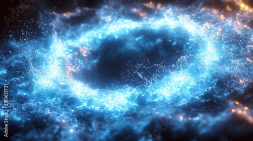 A mesmerizing whirlpool of blue and orange light captivates in a dark dreamy space