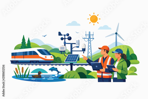 Engineers inspecting solar panels and wind turbines near train and nature