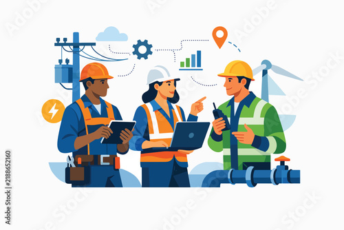 Engineers discussing industrial project with digital devices and machinery