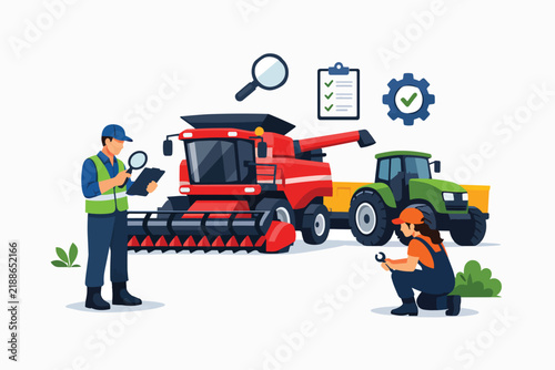 Farmers inspecting agricultural machinery in a field