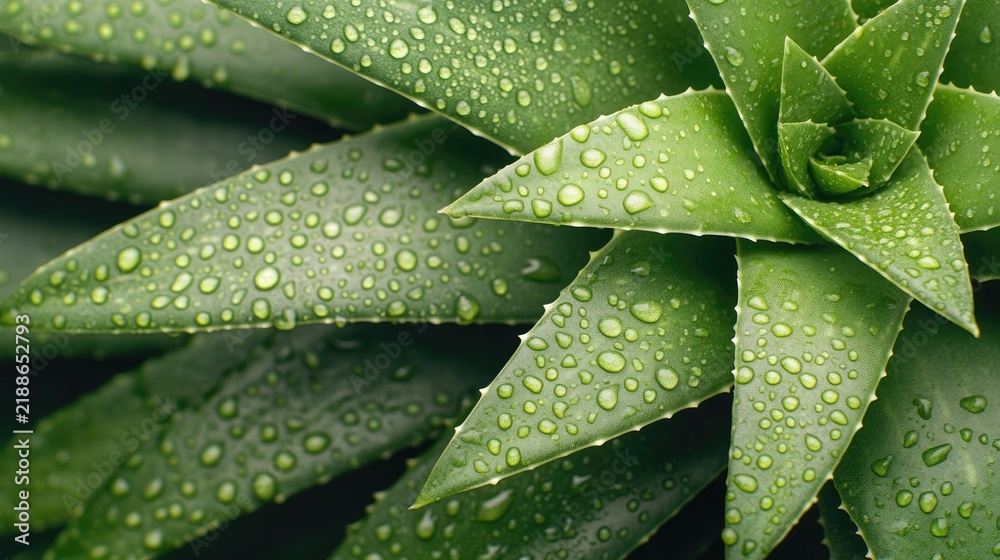 Obraz premium Close-up exploration of an aloe vera leaf adorned with water drops, reflecting nature’s beauty and hydration