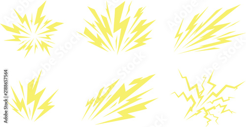 Collection of yellow lightning bolt bursts on white background for graphic design elements