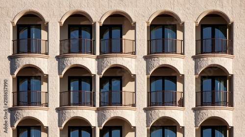 Exterior view of beige residential building with arched balconies and wrought iron railings