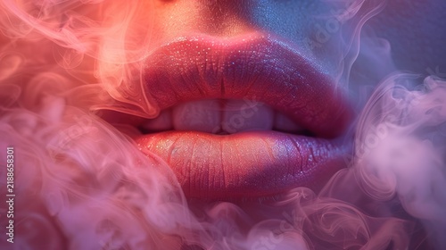 Soft lips emerge from a cloud of vibrant smoke creating a mystical dreamy atmosphere