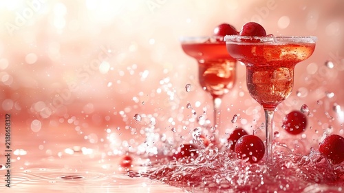 Bright red cocktails create a joyful scene splashing water as cherries dance in sunlight