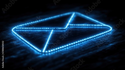 Blue neon envelope shines brightly on a dark surface symbolizing modern messaging