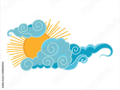 Tibetan sky. Blue Asian cloud with moon, sun and stars. Japanese Korean Chinese cloud style. Asian traditional ornaments. Vector illustration