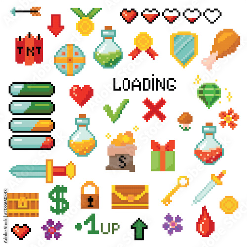 Set of objects. Pixel art. Game elements. Environment for Retro 8 bit icons for old school platformer video game. Vector illustration isolated on white background.