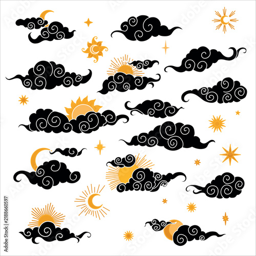 Tibetan sky. Smoke. Set Black Asian cloud with moon, sun and stars. Japanese Korean Chinese cloud style. Asian traditional ornaments. Vector illustration