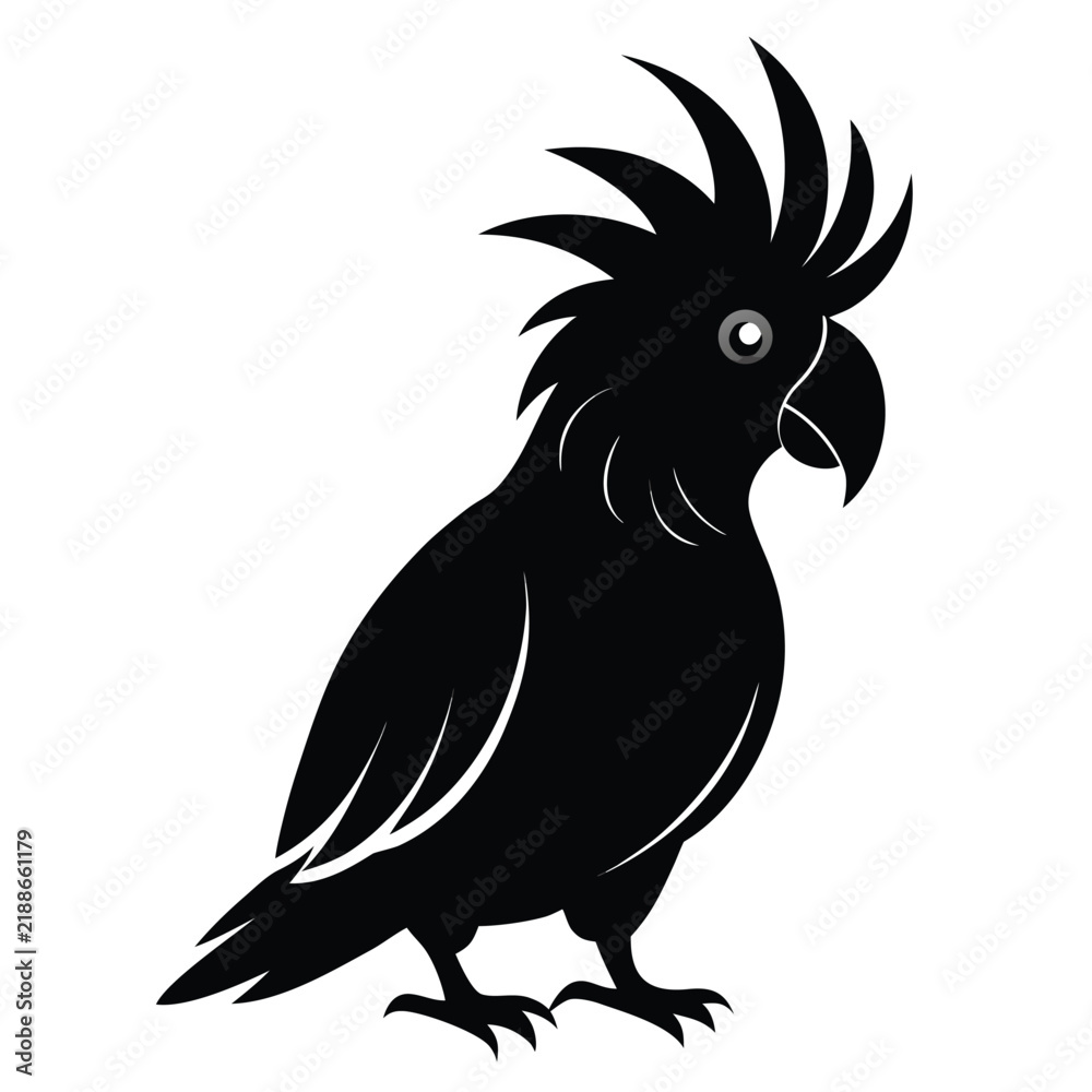 Fototapeta premium Elegant black silhouette of a cockatoo with crest, isolated vector for design.