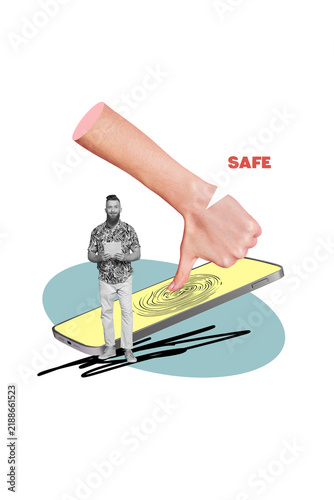 фотографія Vertical photo collage of hand touch phone screen fingerprint access password ha