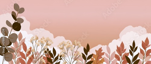 Illustrated border of foliage and blossoms against pastel sunset background
