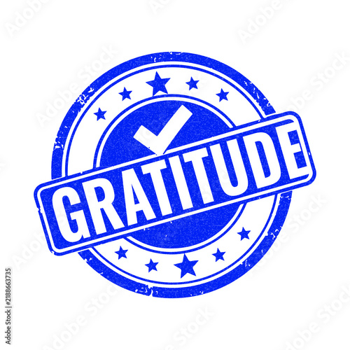 Blue rubber stamp icon with the word gratitude and a check mark symbol inside a round frame for business feedback and positive customer appreciation design