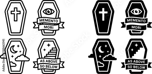 Foto Collection of coffin symbols with memento mori and as above so below text banner