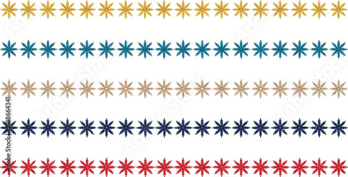 Vertical rows of small starbursts in gold teal beige navy and red against a white backdrop