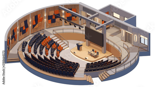 Isometric view of a modern auditorium and presentation hall