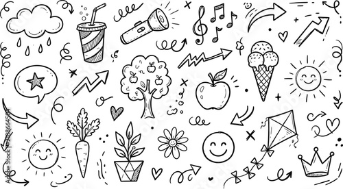 Whimsical doodle elements including a cloud drink flashlight music notes tree ice cream cone sun and kite on a white background