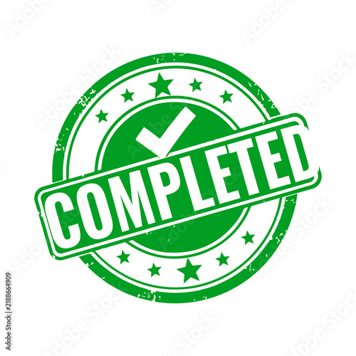Green circular completed stamp icon with a check mark inside for business documents and status updates to show that a task is finished and done correctly
