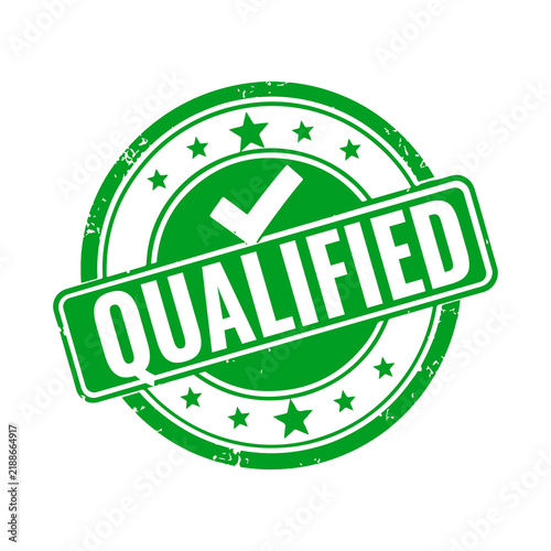 Green circular qualified rubber stamp icon with a check mark symbol for business approval and professional certification purposes on a simple flat design