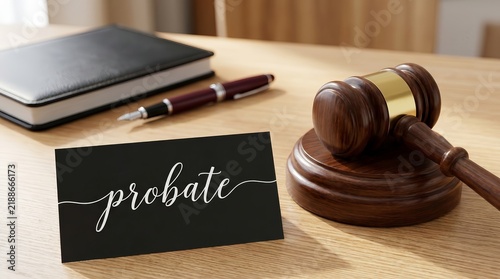 Professional legal stationery featuring a gavel, pen, notebook, and probate text.