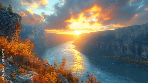 Autumn Sunset Over Canyon River Gorge