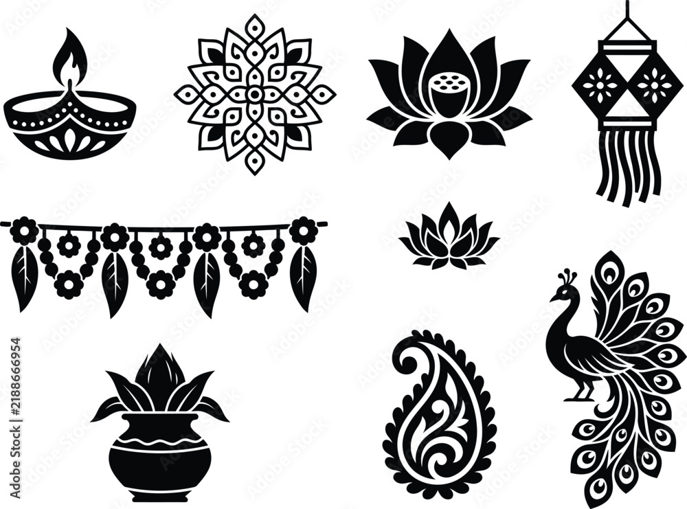 Fototapeta premium Elegant diwali decorations a collection of traditional indian motifs in striking silhouette