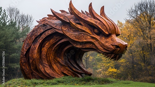 Wooden Dragon Sculpture in Park