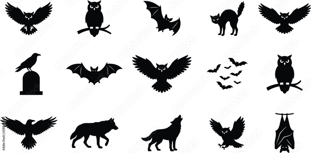 Obraz premium Halloween-Clipart Collection Of Spooky Silhouettes, Witch, Bat, Owl, Cat, Wolf, And Magical Night Illustrations