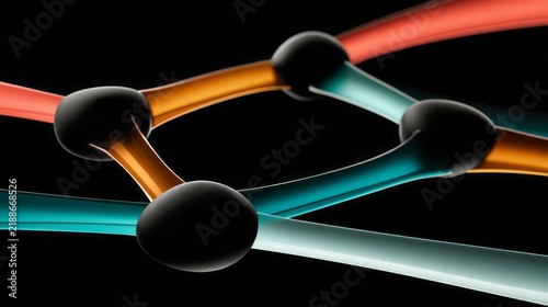 Futuristic Network of Black Spherical Nodes and Glowing Colored Connections. AI generative