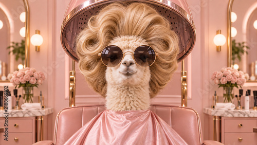 Funny alpaca in a pink robe, oversized blonde hairstyle and sunglasses posing in a luxury beauty salon, ideal for beauty, fashion, spa, lifestyle and humorous advertising.