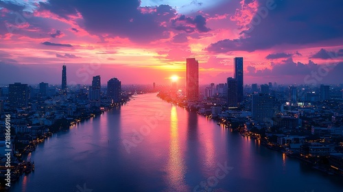 Bangkok River Sunset Skyline