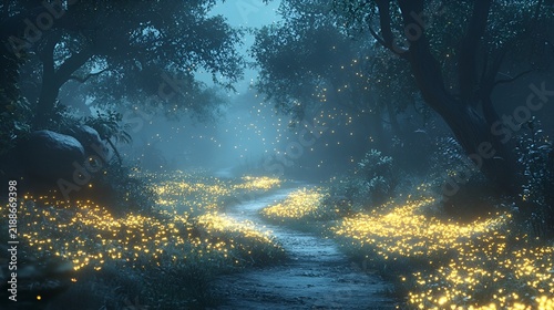 Misty Firefly Forest Path at Night
