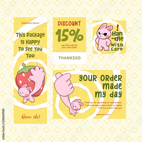 Cute bunny small business thank you card set for package insert