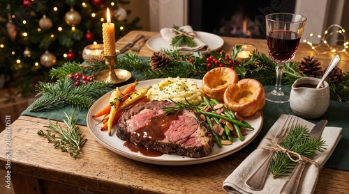 Traditional christmas dinner with roast beef yorkshire puddings and festive decorations on a warmly lit table