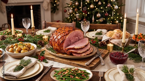 A beautifully arranged festive christmas dinner table features a delicious glazed ham and a traditional holiday feast setting