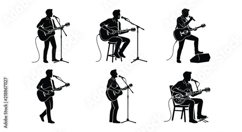 Quadro su tela Silhouettes of musicians playing guitar with microphones on white background
