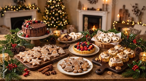 Festive christmas dessert table overflowing with treats and a decorated tree in the background