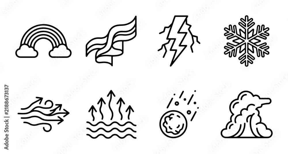 Obraz premium Weather Icons Collection: Rainbow, Wind, Lightning, Snow, Heat, Hail, Cloud, Vector Graphics
