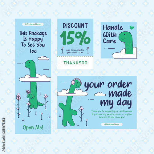 Cute dinosaur small business thank you card set for shipping box insert
