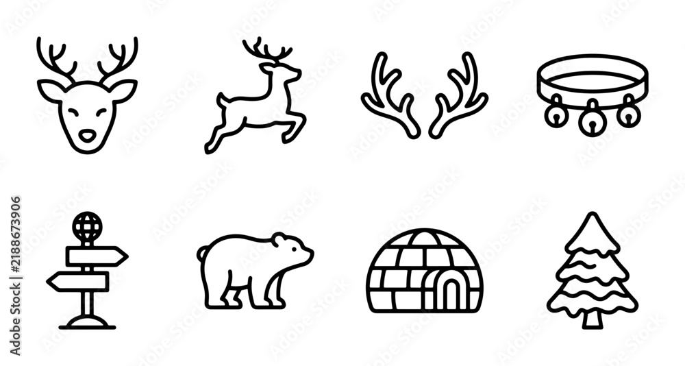 Fototapeta premium Christmas Icons Set: Reindeer, Polar Bear, Igloo, Pine Tree, Antlers, Bells, Signpost Vector Graphics
