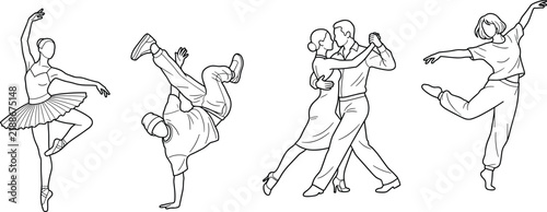 Collection of diverse dancers performing various dance styles in black and white line art vector